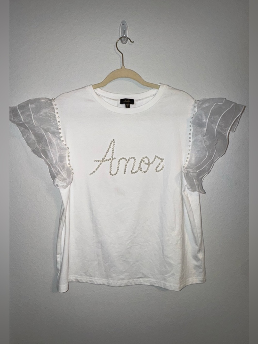 Pearl-Appliqué 'Amor' Ruffle Sleeve Tee - White - Women's